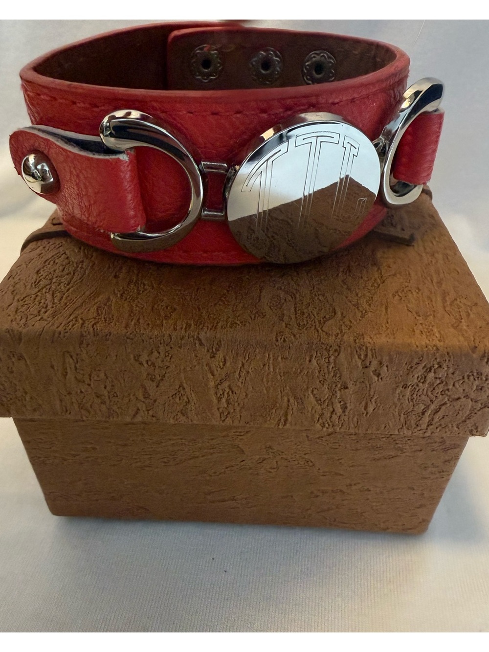 GUC Coral Leather Bracelet w/Silver Accents & TLT Monogrammed Initials in Center